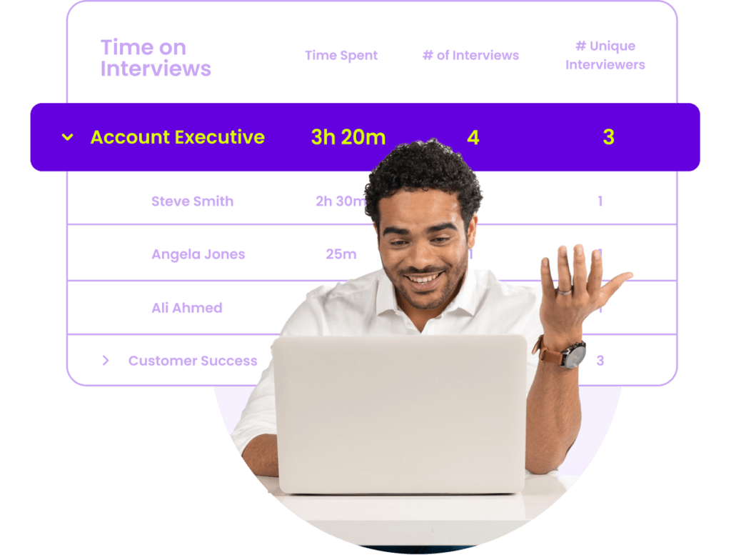 Happy recruiter looking a laptop with interview data in the background