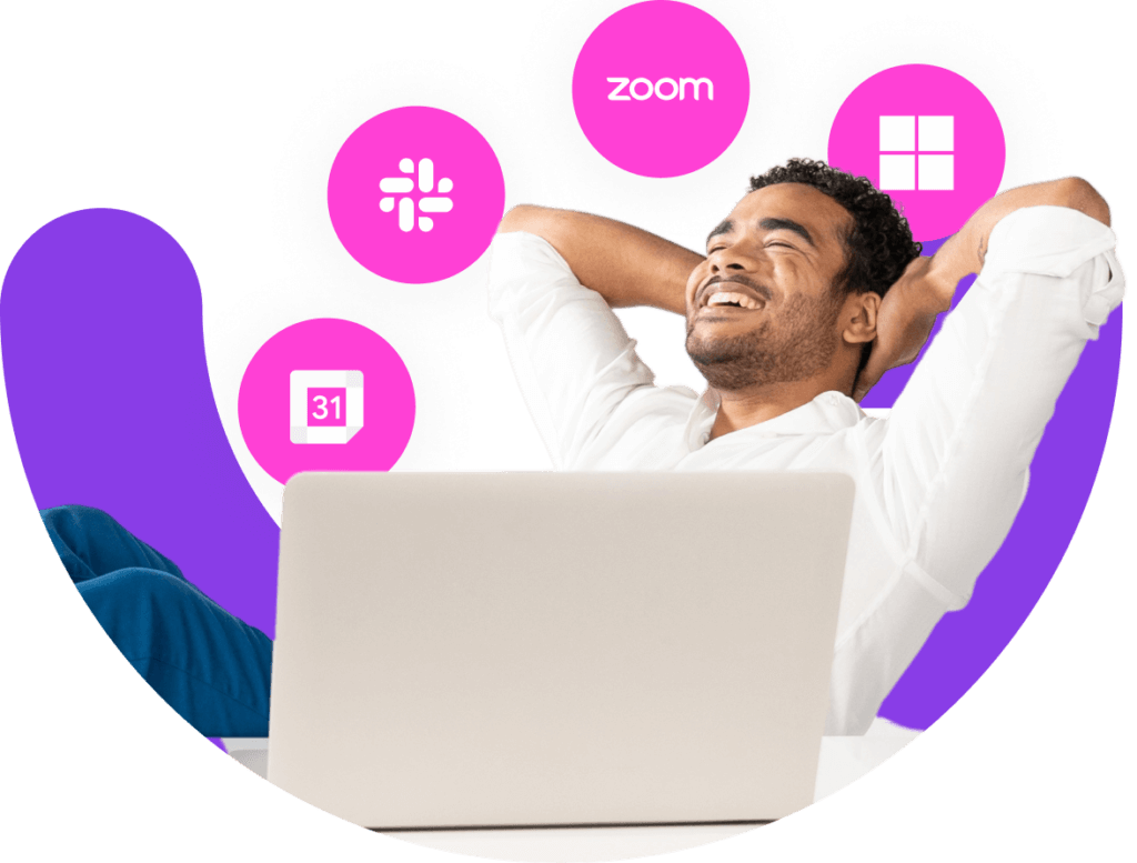 A man with his eyes closed, smiling behind a laptop with pink graphics floating over his head illustrating GoodTime Meet integrations