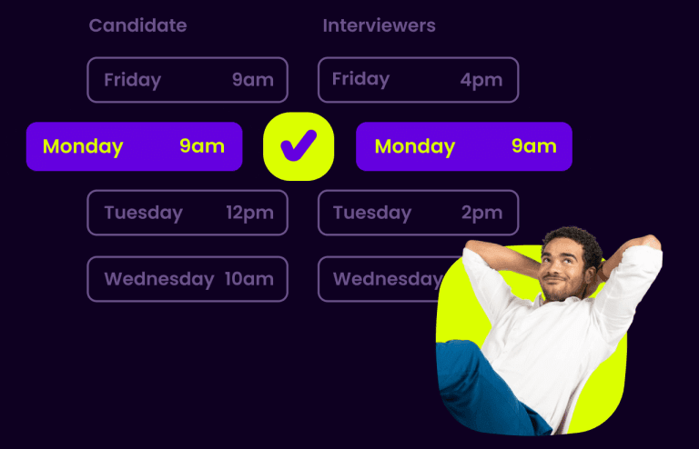 A male recruiting coordinator grinning with his arms behind his head, leaning back in a chair against a lime background; a candidate-interview scheduling graphic in the background