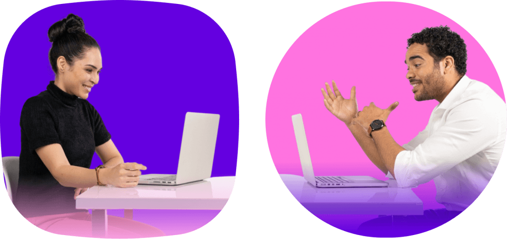 A female recruiter and male job candidate each sitting in front of laptops having a remote interview