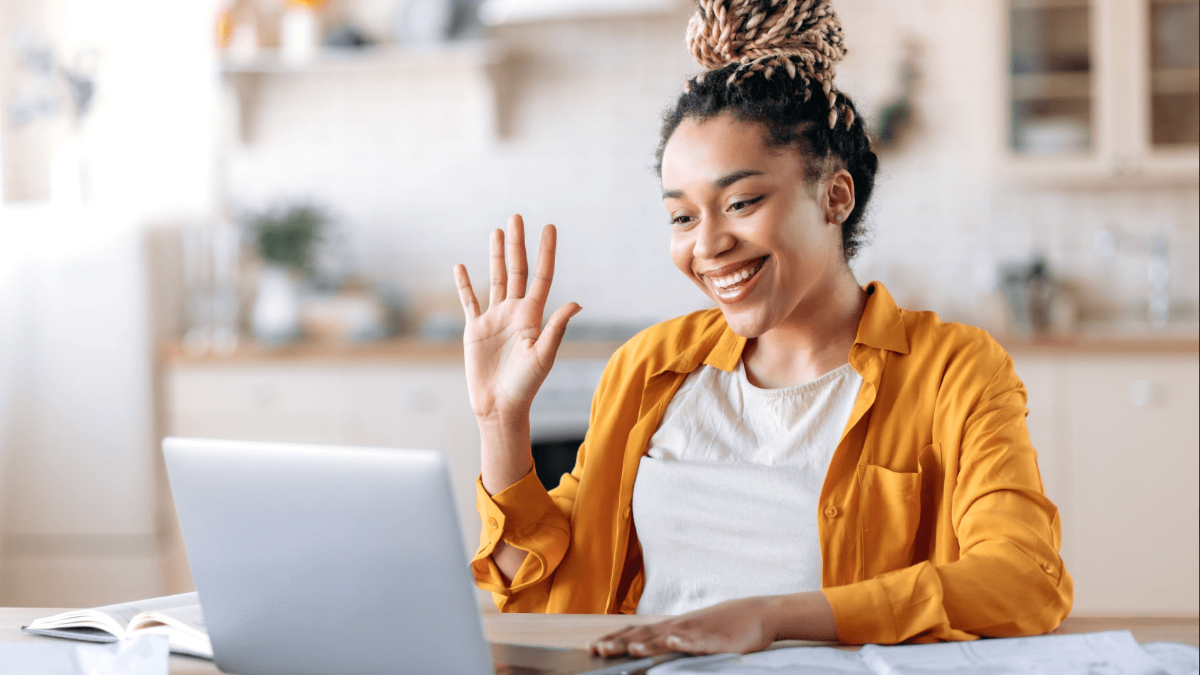 Female candidate virtually interviewing for a job