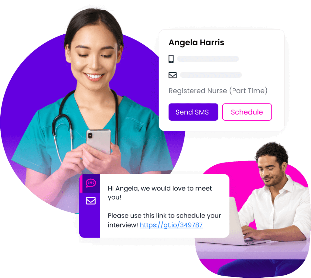 A smiling nurse, Angela Harris looking at her phone, a recruiter looking at his laptop, a graphic of a text asking to interview her