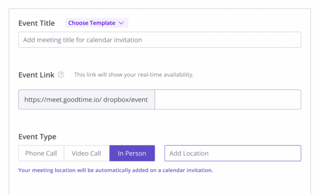 Graphic displaying GoodTime Meet's event scheduling capabilities.