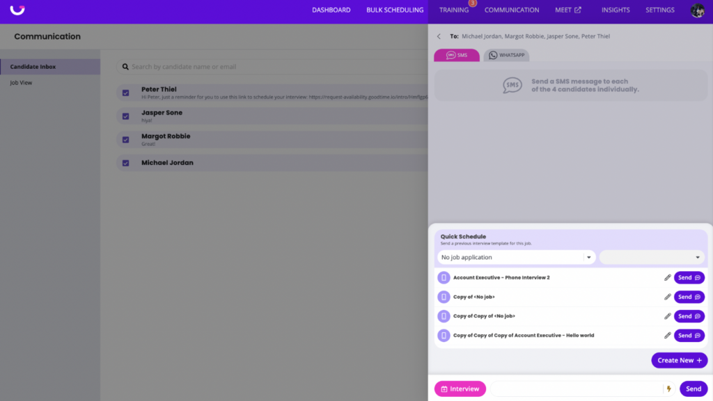 Graphic displaying GoodTime Hire's bulk scheduling and messaging capabilities.